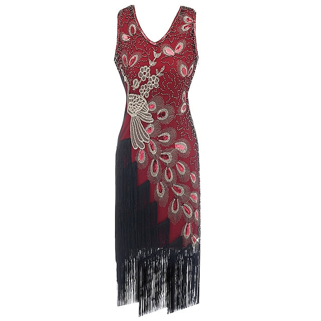 Women's Retro 1920s Fringe Dress Midi Dress Party Holiday Sequins Tassel Fringe Animal V Neck Sleeveless Regular Fit Spring Fall  Black Red S M L XL