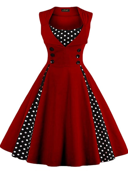 Women‘s Halloween Dress Retro 1950s Vintage Dress Midi Dress Party Button Print Floral V Neck Sleeveless Regular Fit Summer Spring  claret Red black S M L XL