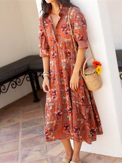 Women's Casual Dress Swing Dress Print Dress Floral Ruched Print Shirt Collar Midi Dress Fashion Streetwear Outdoor Daily Half Sleeve Loose Fit Black Red Blue Spring Fall S M L XL XXL