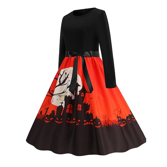 Women‘s Halloween Dress Retro 1950s Vintage Dress Midi Dress Holiday With Belt Bow Graphic Crew Neck Long Sleeve Regular Fit Spring Fall  Pink Red S M L XL