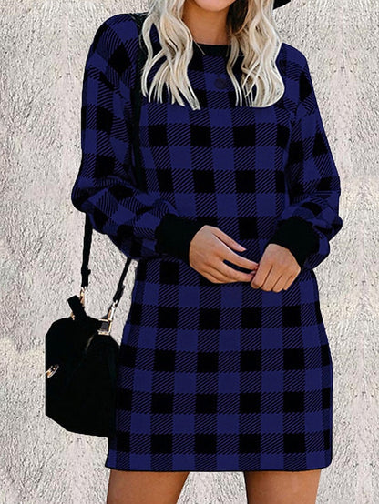 Women's Casual Dress Plaid Dress Plain Dress Mini Dress Patchwork Home Holiday Date Active Fashion Crew Neck Long Sleeve 2023 Loose Fit Royal Blue Color M L XL XXL 3XL Size