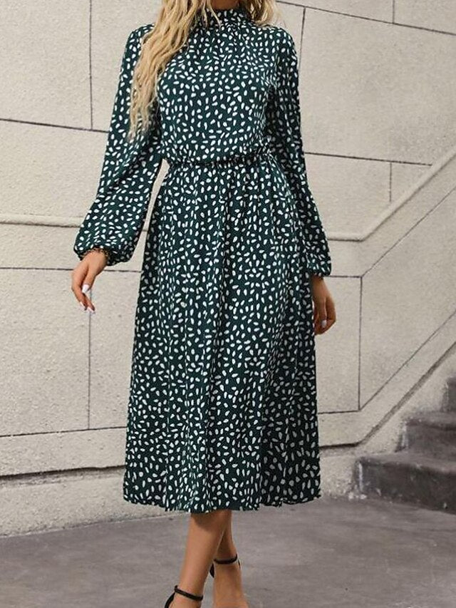 Women's Casual Dress A Line Dress Print Dress Polka Dot Print Stand Collar Midi Dress Active Fashion Outdoor Street Long Sleeve Loose Fit Green Fall Winter S M L XL XXL