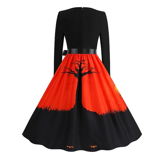 Women‘s Halloween Dress Retro 1950s Vintage Dress Midi Dress Holiday With Belt Bow Pumpkin Square Neck Long Sleeve Regular Fit Spring Fall  Black Yellow S M L XL