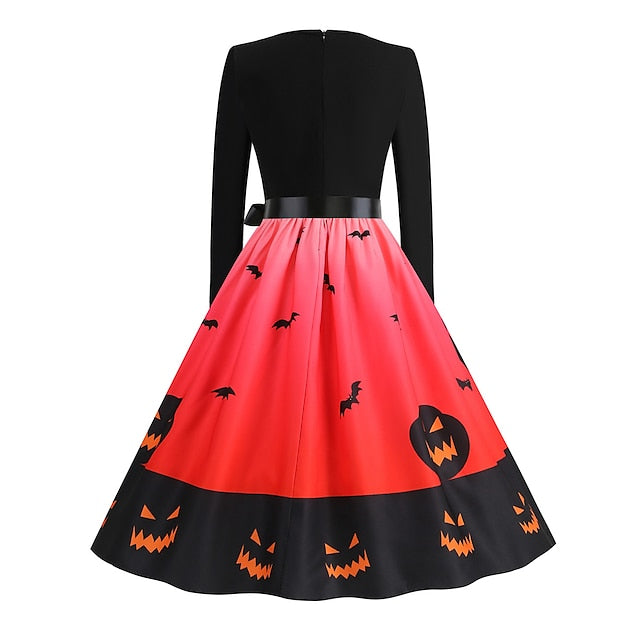 Women‘s Halloween Dress Retro 1950s Vintage Dress Midi Dress Holiday With Belt Bow Graphic Crew Neck Long Sleeve Regular Fit Spring Fall  Pink Red S M L XL