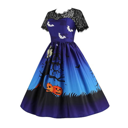 Women‘s Halloween Dress Retro 1950s Vintage Dress Midi Dress Holiday Lace Patchwork Graphic V Neck Short Sleeve Regular Fit Spring Fall  Black Blue S M L XL