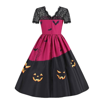 Women‘s Halloween Dress Retro 1950s Vintage Dress Midi Dress Holiday Lace Patchwork Graphic V Neck Short Sleeve Regular Fit Spring Fall  Black Blue S M L XL