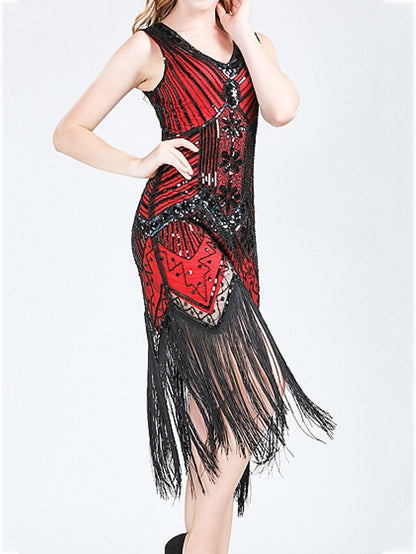 Women‘s Halloween Dress Retro 1920s Fringe Dress Midi Dress Party Outdoor Sequins Tassel Fringe Plain V Neck Sleeveless Regular Fit Summer Spring  claret Black S M L XL