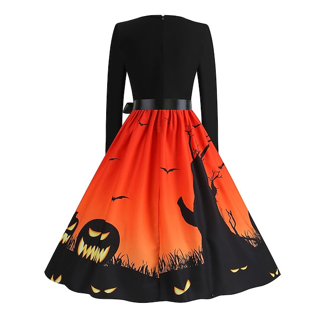 Women‘s Halloween Dress Retro 1950s Vintage Dress Midi Dress Holiday With Belt Bow Graphic Crew Neck Long Sleeve Regular Fit Spring Fall  Pink Red S M L XL