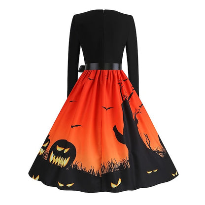 Women‘s Halloween Dress Retro 1950s Vintage Dress Midi Dress Holiday With Belt Bow Graphic Crew Neck Long Sleeve Regular Fit Spring Fall  Pink Red S M L XL