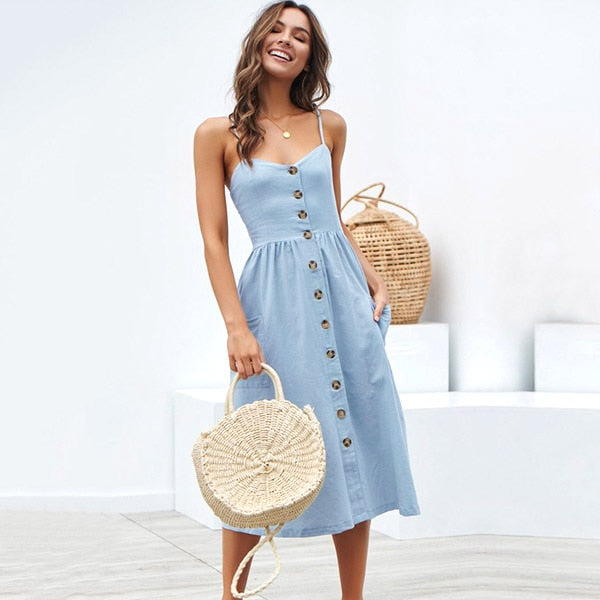 vmtvr Boho Sexy Floral Dress Summer Vintage Casual Sundress Female Beach Dress Midi Button Backless Polka Dot Striped Women Dress