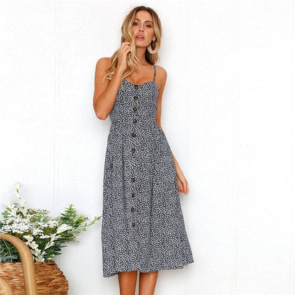 vmtvr Boho Sexy Floral Dress Summer Vintage Casual Sundress Female Beach Dress Midi Button Backless Polka Dot Striped Women Dress