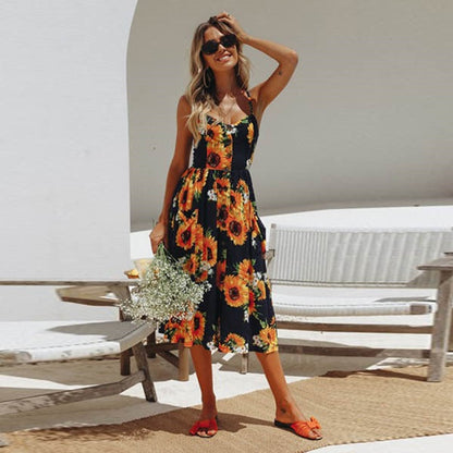 vmtvr Boho Sexy Floral Dress Summer Vintage Casual Sundress Female Beach Dress Midi Button Backless Polka Dot Striped Women Dress