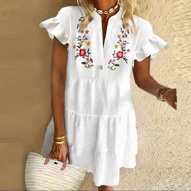 Plus Size 5XL Floral Print Boho Dress Women Tassle Sleeved White Mini A-Lline Dress Autumn New Sweet Bohemian Loose Dresses