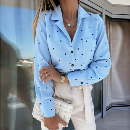 -Pocket Long Sleeve Turn Down Collar Women Blouse Office Lady Polka Dot Cotton Casual Shirts  New Spring