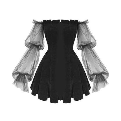 vmtvr - Gothic Sexy Dress Vintage Off Shoulder Lantern Sleeve Mesh Patchwork Velvet Mini Dress Dark Street Black Dress for Female