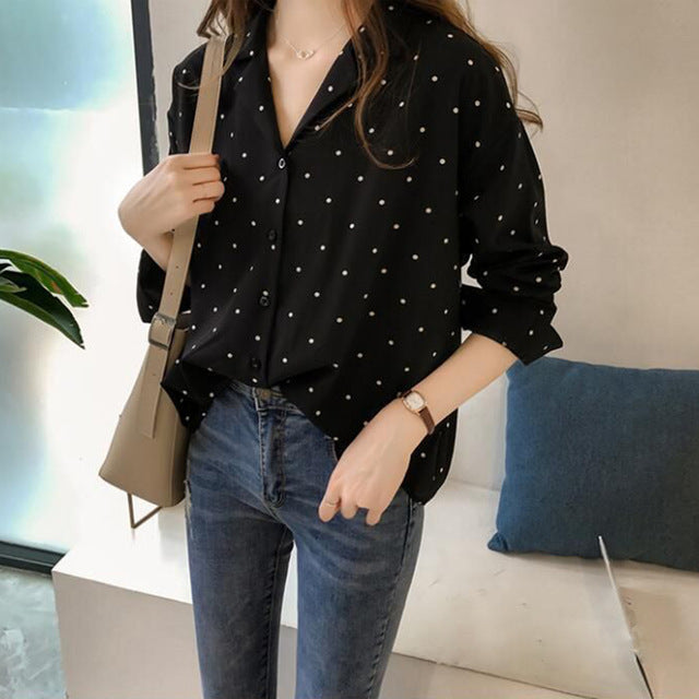 -Pocket Long Sleeve Turn Down Collar Women Blouse Office Lady Polka Dot Cotton Casual Shirts  New Spring