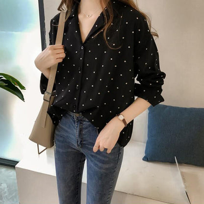 -Pocket Long Sleeve Turn Down Collar Women Blouse Office Lady Polka Dot Cotton Casual Shirts  New Spring