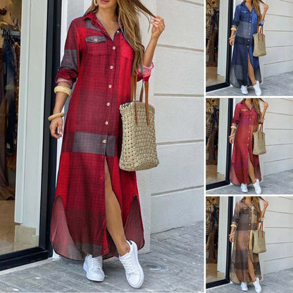 Long Sleeve Dress Checked Plaid Robe Maxi Beach Dress Summer Elegant Women Button Long Shirt Dress Split Print Lapel Party Robe