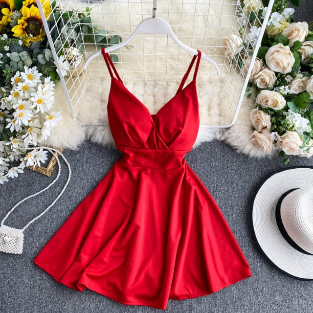 Women A-line Sexy Dress V-Neck Spaghetti Strap Backless Mini Dresses Soild Color Vestidos Slim Trend High Waist For Party