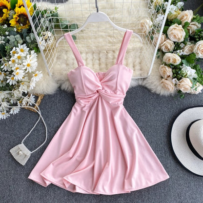 Women A-line Sexy Dress V-Neck Spaghetti Strap Backless Mini Dresses Soild Color Vestidos Slim Trend High Waist For Party