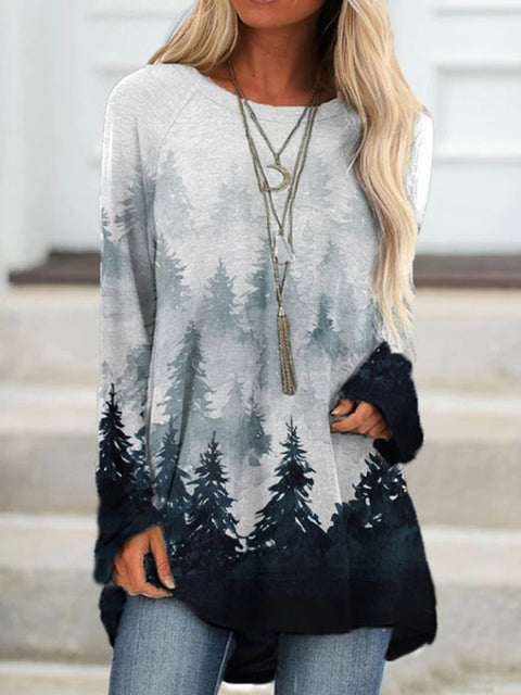 -Fall Outfits Long Sleeve Top  Women Mountain Treetop Print Long Sleeve T-Shirt Women Fashion Sweatshirts &Amp; Tops  Casual Round Neck Loose Cotton Pullover