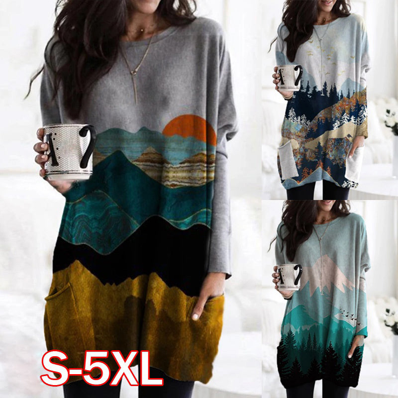 -Fall Outfits Long Sleeve Top  Women Mountain Treetop Print Long Sleeve T-Shirt Women Fashion Sweatshirts &Amp; Tops  Casual Round Neck Loose Cotton Pullover