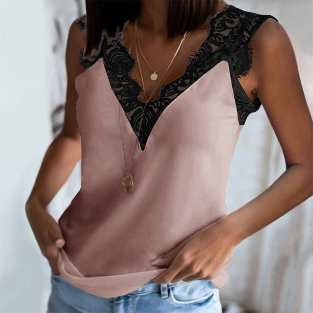 Lace  V-Neck Solid Women Vest Top Strap Tank Tops Casual Sleeveless Shirts Blouse Camisetas Tirantes Mujer Women Outfit