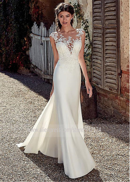 vmtvr The Sales Rack-Modest Soft Satin Bateau Neckline Mermaid Bridal Dress With Lace Appliques And Sheer Illusion Back