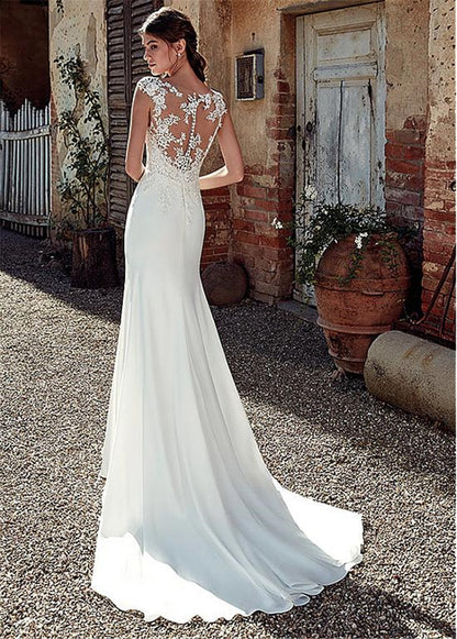 vmtvr The Sales Rack-Modest Soft Satin Bateau Neckline Mermaid Bridal Dress With Lace Appliques And Sheer Illusion Back