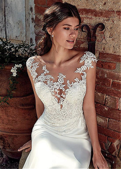 vmtvr The Sales Rack-Modest Soft Satin Bateau Neckline Mermaid Bridal Dress With Lace Appliques And Sheer Illusion Back