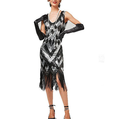 Women's Retro 1920s Fringe Dress Midi Dress Party Holiday Sequins Tassel Fringe Geometric V Neck Sleeveless Regular Fit Spring Fall  Silver Black XS S M L