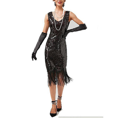 Women's Retro 1920s Fringe Dress Midi Dress Party Holiday Sequins Tassel Fringe Geometric V Neck Sleeveless Regular Fit Spring Fall  Silver Black XS S M L