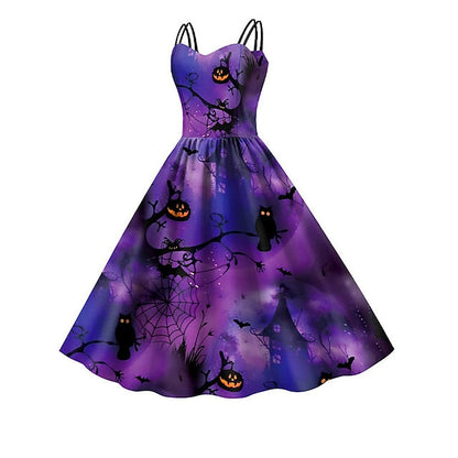 Women‘s Halloween Dress Retro 1950s Vintage Dress Midi Dress Holiday Backless Print Pumpkin Spaghetti Strap Sleeveless Regular Fit Spring Fall  Deep Purple Purple S M L XL