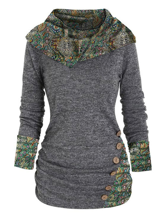 Women's Casual Dress Ethnic Dress Print Dress Floral Paisley Patchwork Button Cowl Neck Mini Dress Vintage Ethnic Outdoor Date Long Sleeve Loose Fit Gray Spring Fall S M L XL XXL