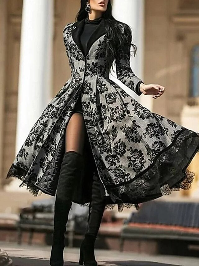 Women‘s Halloween Dress Party Dress Lace Dress Swing Dress Midi Dress Black Long Sleeve Floral Lace Spring Fall Winter Crew Neck Classic Party Winter Dress  S M L XL XXL