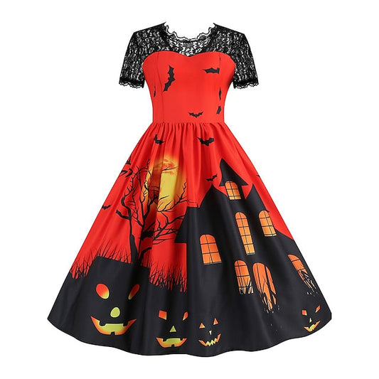 Women‘s Halloween Dress Retro 1950s Vintage Dress Midi Dress Holiday Lace Patchwork Graphic V Neck Short Sleeve Regular Fit Spring Fall  Red Orange S M L XL