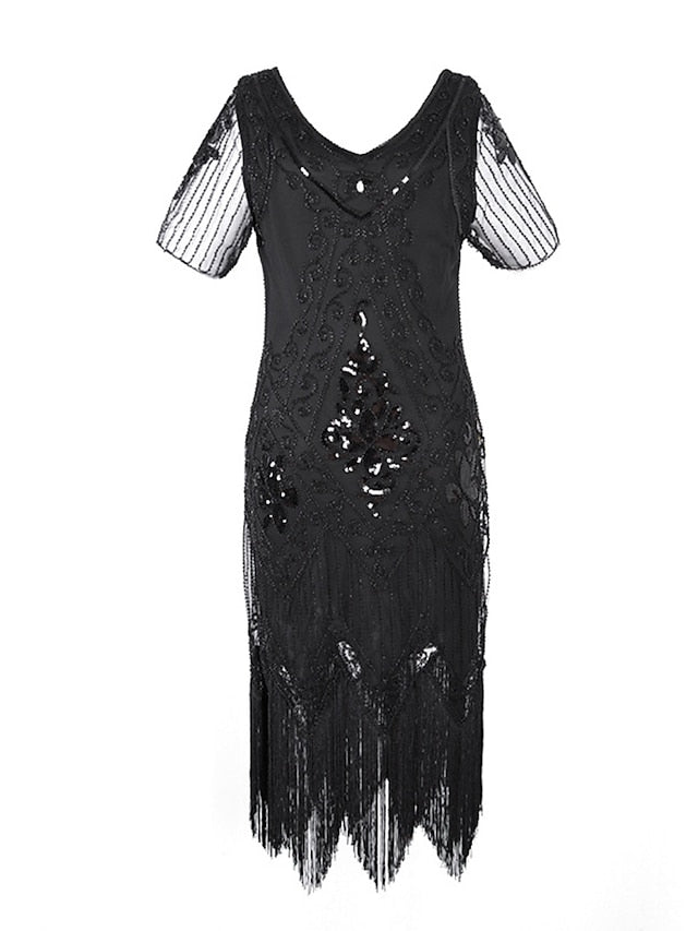 Women‘s Halloween Dress Retro 1920s Fringe Dress Midi Dress Party Outdoor Sequins Tassel Fringe Floral V Neck Short Sleeve Regular Fit Summer Spring  Black Golden S M L XL