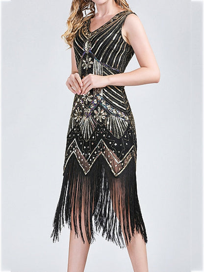 Women‘s Halloween Dress Retro 1920s Fringe Dress Midi Dress Party Outdoor Sequins Tassel Fringe Plain V Neck Sleeveless Regular Fit Summer Spring  claret Black S M L XL