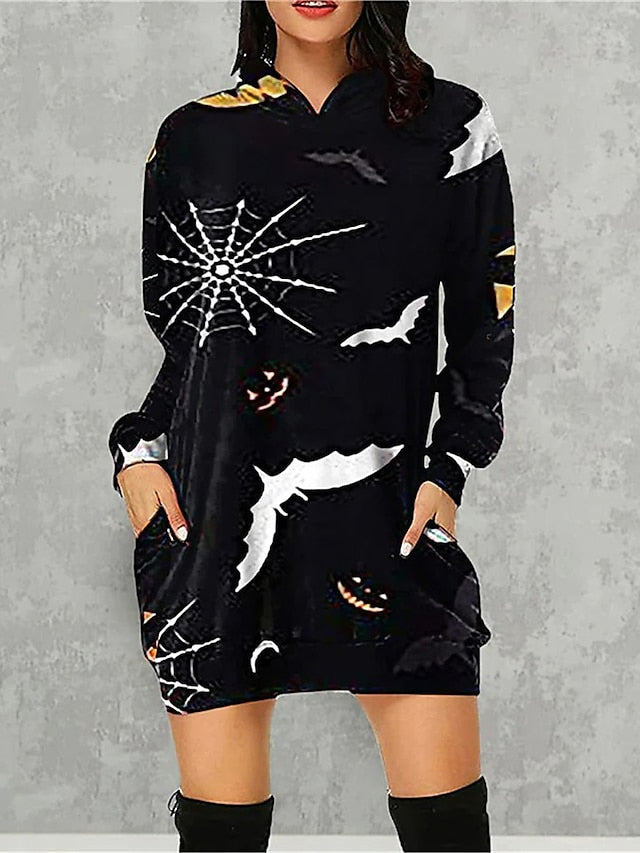 Women‘s Halloween Dress Casual Dress Hoodie Dress Mini Dress Fashion Daily Outdoor Vacation V Neck Pocket Print Skull Pumpkin Spider Loose Fit Black White Red S M L XL XXL