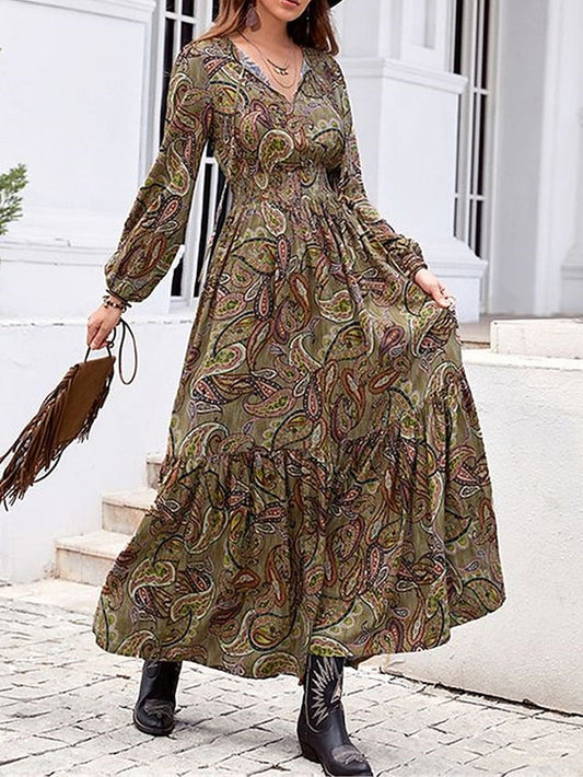 Women's Casual Dress Ethnic Dress Swing Dress Floral Paisley Ruffle Patchwork Split Neck Long Dress Maxi Dress Vintage Ethnic Outdoor Date Long Sleeve Loose Fit Brown Spring Fall S M L XL XXL