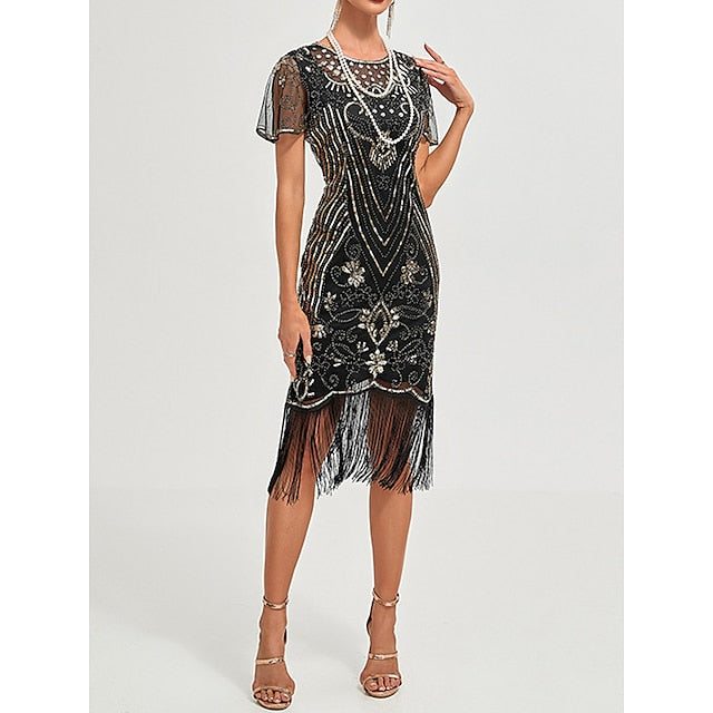 Women's Retro 1920s Fringe Dress Midi Dress Party Holiday Sequins Tassel Fringe Floral Crewneck Short Sleeve Regular Fit Spring Fall  Silver Black S M L XL