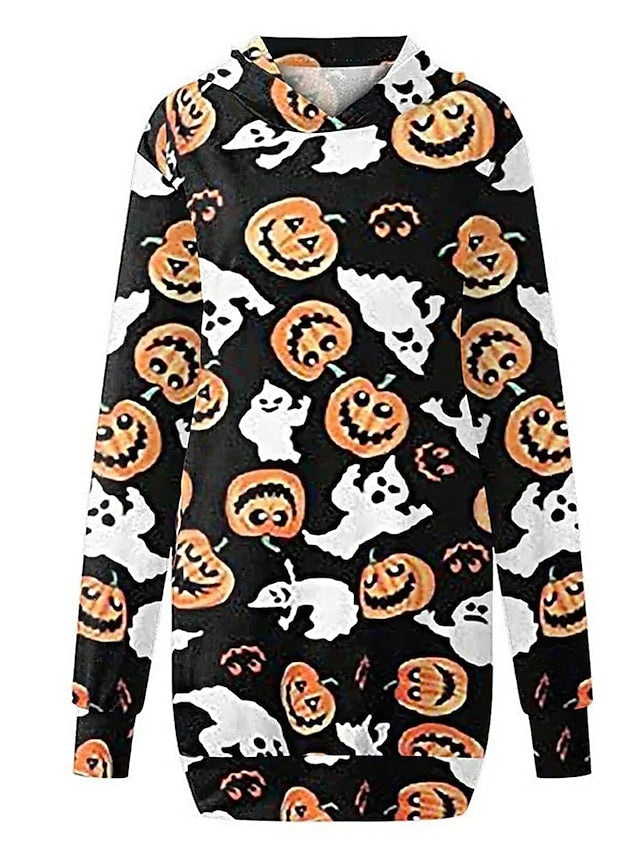 Women‘s Halloween Dress Casual Dress Hoodie Dress Mini Dress Fashion Daily Outdoor Vacation V Neck Pocket Print Skull Pumpkin Spider Loose Fit Black White Red S M L XL XXL