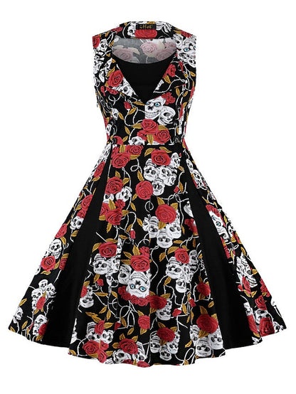 Women‘s Halloween Dress Retro 1950s Vintage Dress Midi Dress Party Button Print Floral V Neck Sleeveless Regular Fit Summer Spring  claret Red black S M L XL