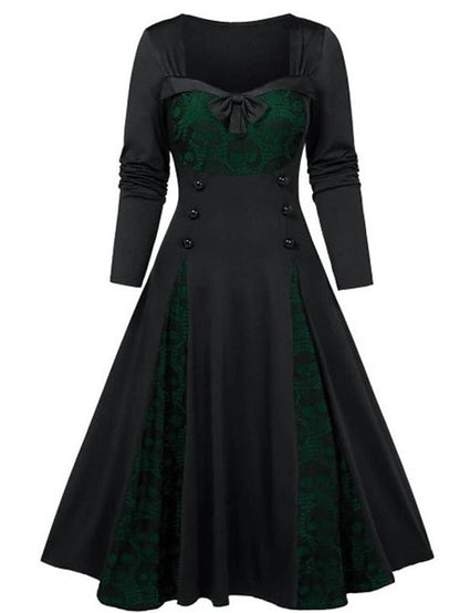 Women‘s Halloween Dress Vintage Dress Gothic Dress Midi Dress Green Blue Purple Wine Red White Black Long Sleeve Skull Pumpkin Print Patchwork Button Winter Fall Boat Neck Party Fall Dress