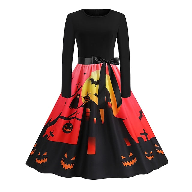 Women‘s Halloween Dress Retro 1950s Vintage Dress Midi Dress Holiday With Belt Bow Graphic Crew Neck Long Sleeve Regular Fit Spring Fall  Pink Red S M L XL