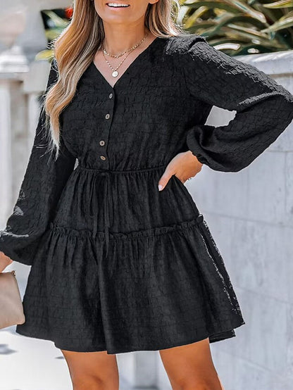 Women's Casual Dress Black Dress Plain Dress Mini Dress Ruched Button Street Daily Holiday Active Fashion V Neck Long Sleeve 2023 Regular Fit Black Color S M L XL Size