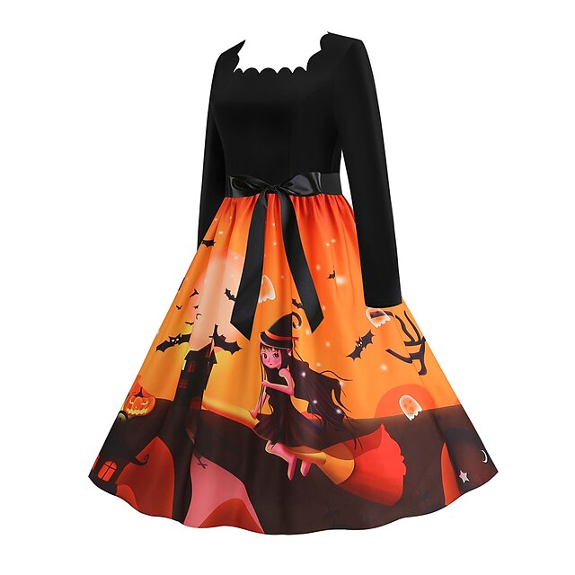 Women‘s Halloween Dress Retro 1950s Vintage Dress Midi Dress Holiday With Belt Bow Pumpkin Square Neck Long Sleeve Regular Fit Spring Fall  Black Yellow S M L XL