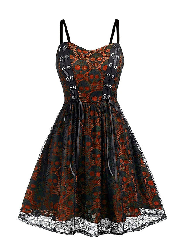 Women‘s Halloween Dress Vintage Retro Vintage Dress Midi Dress Outdoor Lace Drawstring Skull Spaghetti Strap Sleeveless Regular Fit Summer Spring  Black Grey Black and Blue S M L XL