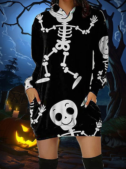 Women‘s Halloween Dress Casual Dress Hoodie Dress Mini Dress Fashion Daily Outdoor Vacation V Neck Pocket Print Skull Pumpkin Spider Loose Fit Black White Red S M L XL XXL