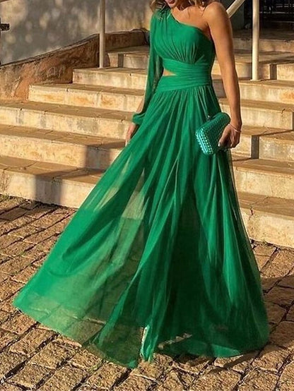 Women's Prom Dress Party Dress Cut Out Dress Long Dress Maxi Dress Green Long Sleeve Pure Color Backless Spring Fall Winter One Shoulder Fashion Birthday Evening Party Wedding Guest  S M L XL